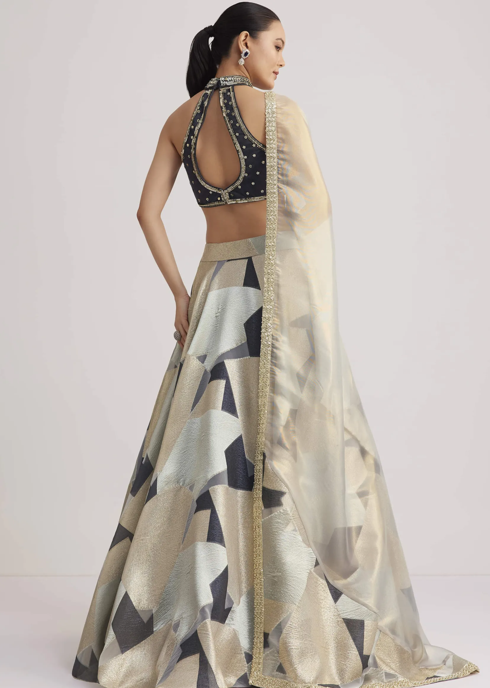 Grey And Gold Net Embroidered Lehenga Set