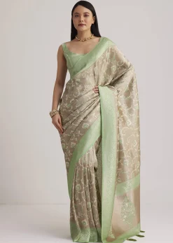 Grey And Light Green Tissue Silk Saree With Floral Jaal Work