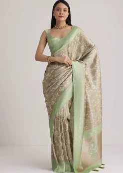 Grey And Light Green Tissue Silk Saree With Floral Jaal Work