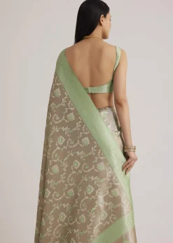 Grey And Light Green Tissue Silk Saree With Floral Jaal Work