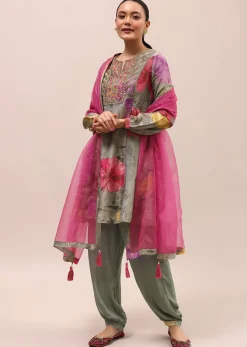 Grey And Pink Embroidered Kurta And Salwar With Dupatta