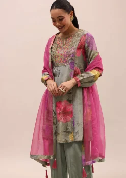 Grey And Pink Embroidered Kurta And Salwar With Dupatta