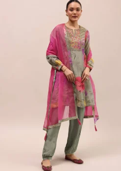 Grey And Pink Embroidered Kurta And Salwar With Dupatta