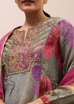 Grey And Pink Embroidered Kurta And Salwar With Dupatta