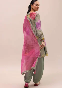 Grey And Pink Embroidered Kurta And Salwar With Dupatta