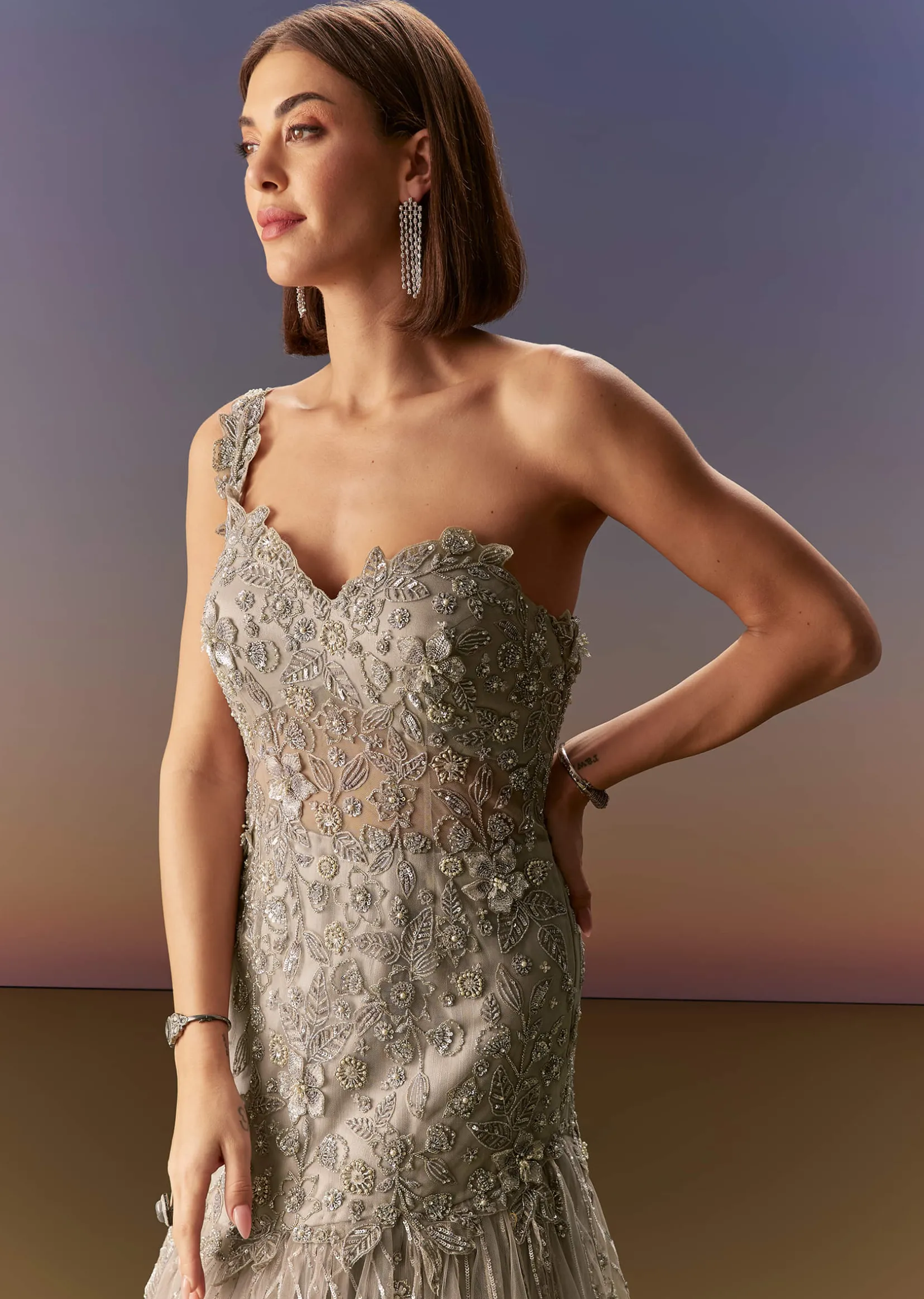 Grey Backless Gown With One Shoulder Bodice And Sculpted Fit