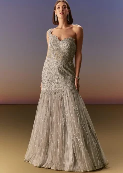 Grey Backless Gown With One Shoulder Bodice And Sculpted Fit