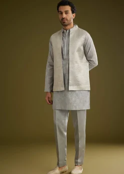 Grey Banarsi Silk Kurta Jacket Set With Hand Work