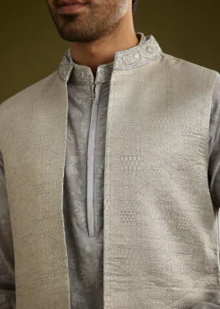 Grey Banarsi Silk Kurta Jacket Set With Hand Work