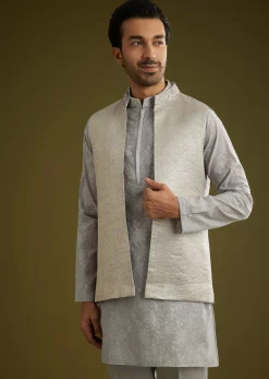 Grey Banarsi Silk Kurta Jacket Set With Hand Work