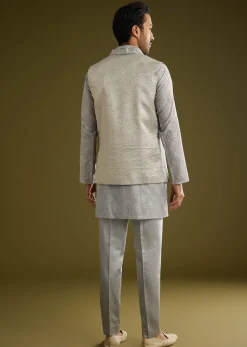 Grey Banarsi Silk Kurta Jacket Set With Hand Work