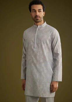 Grey Banarsi Silk Kurta Jacket Set With Hand Work