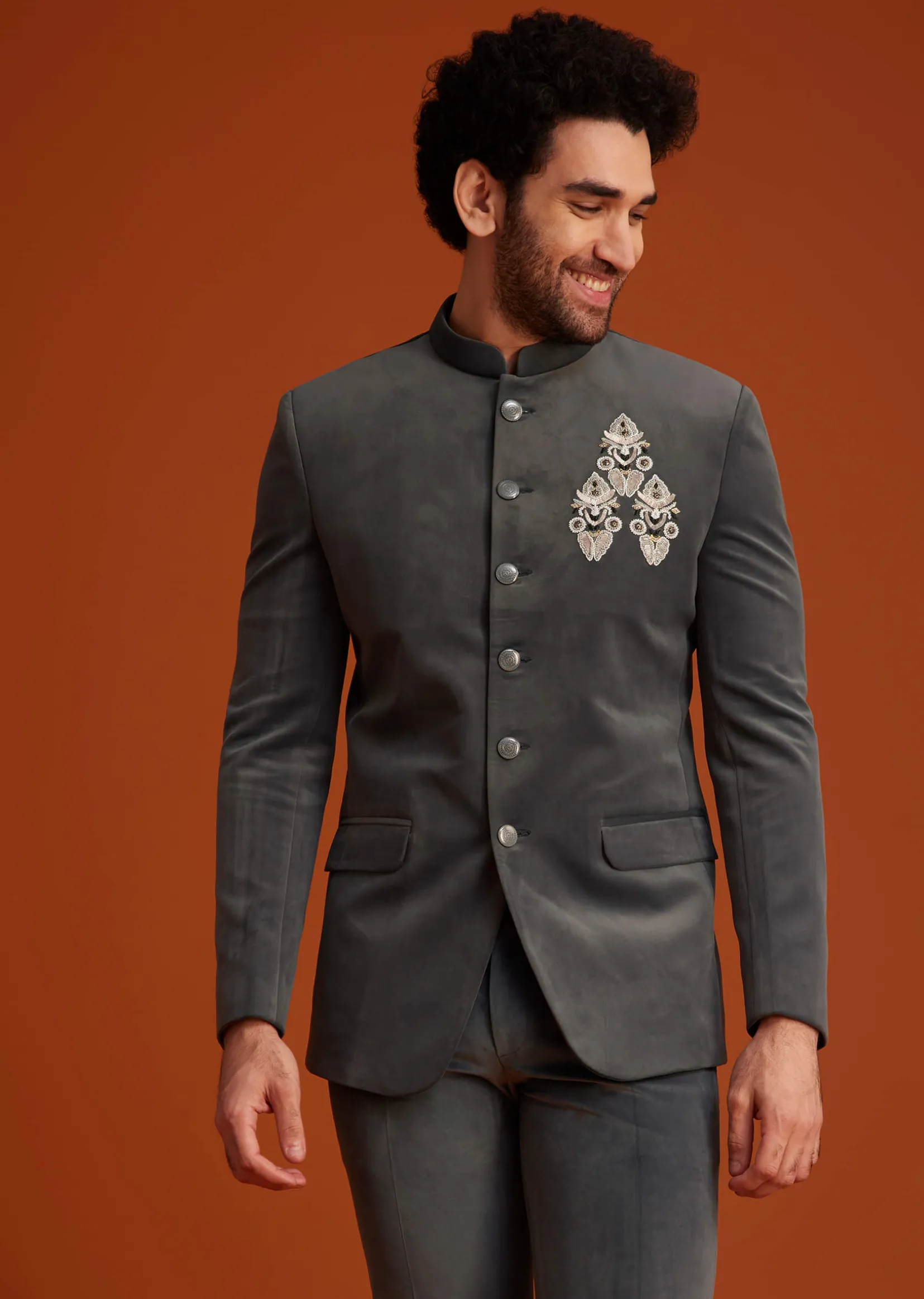 Grey Bandhgala With Embroidered Crest