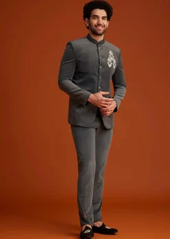 Grey Bandhgala With Embroidered Crest