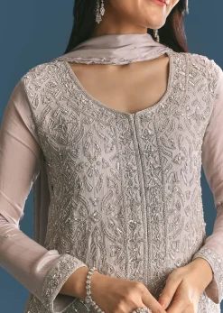 Grey Chinon Cutdana Sequin Embroidered Kurta Palazzo Suit