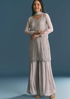 Grey Chinon Cutdana Sequin Embroidered Kurta Palazzo Suit