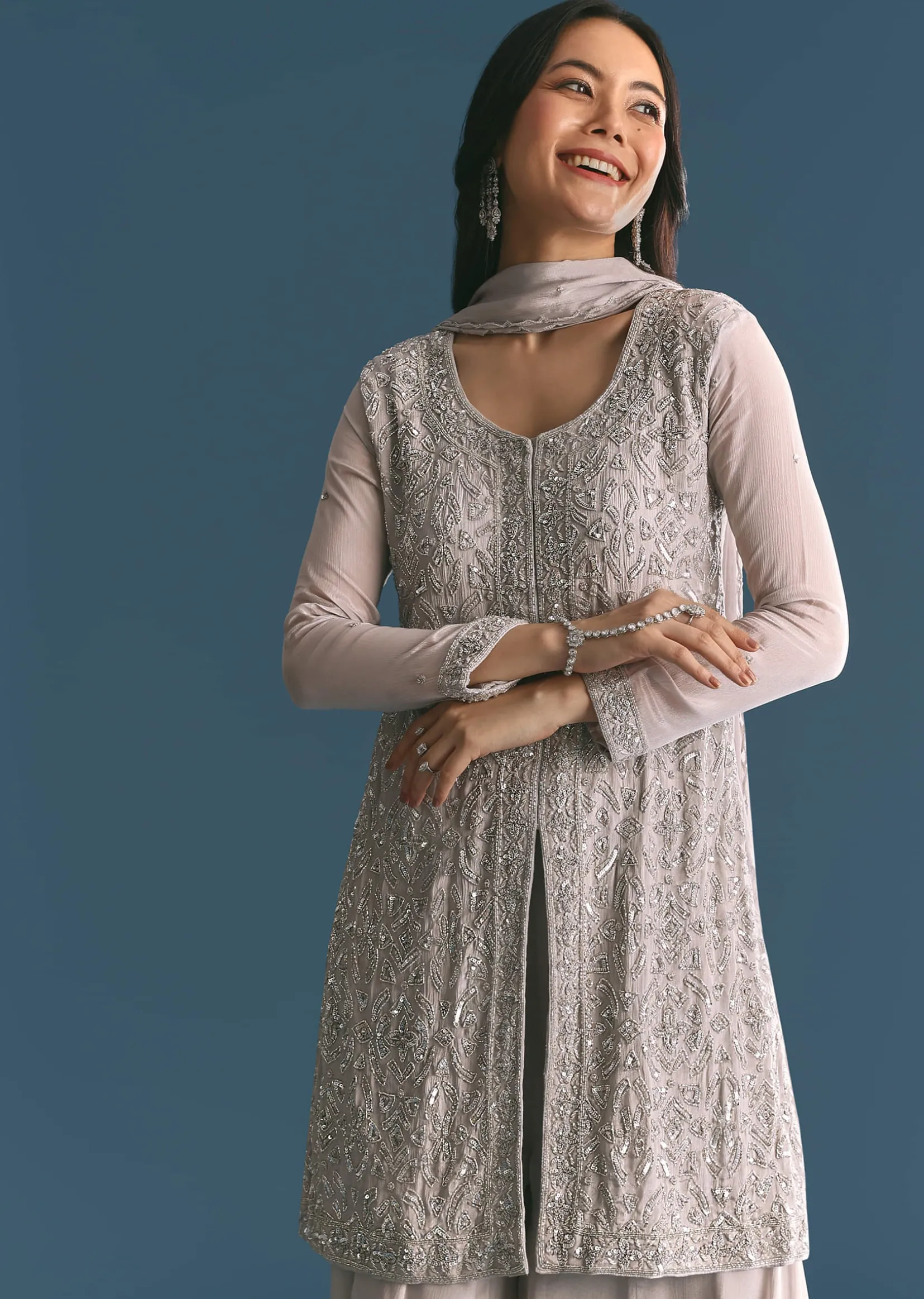 Grey Chinon Cutdana Sequin Embroidered Kurta Palazzo Suit