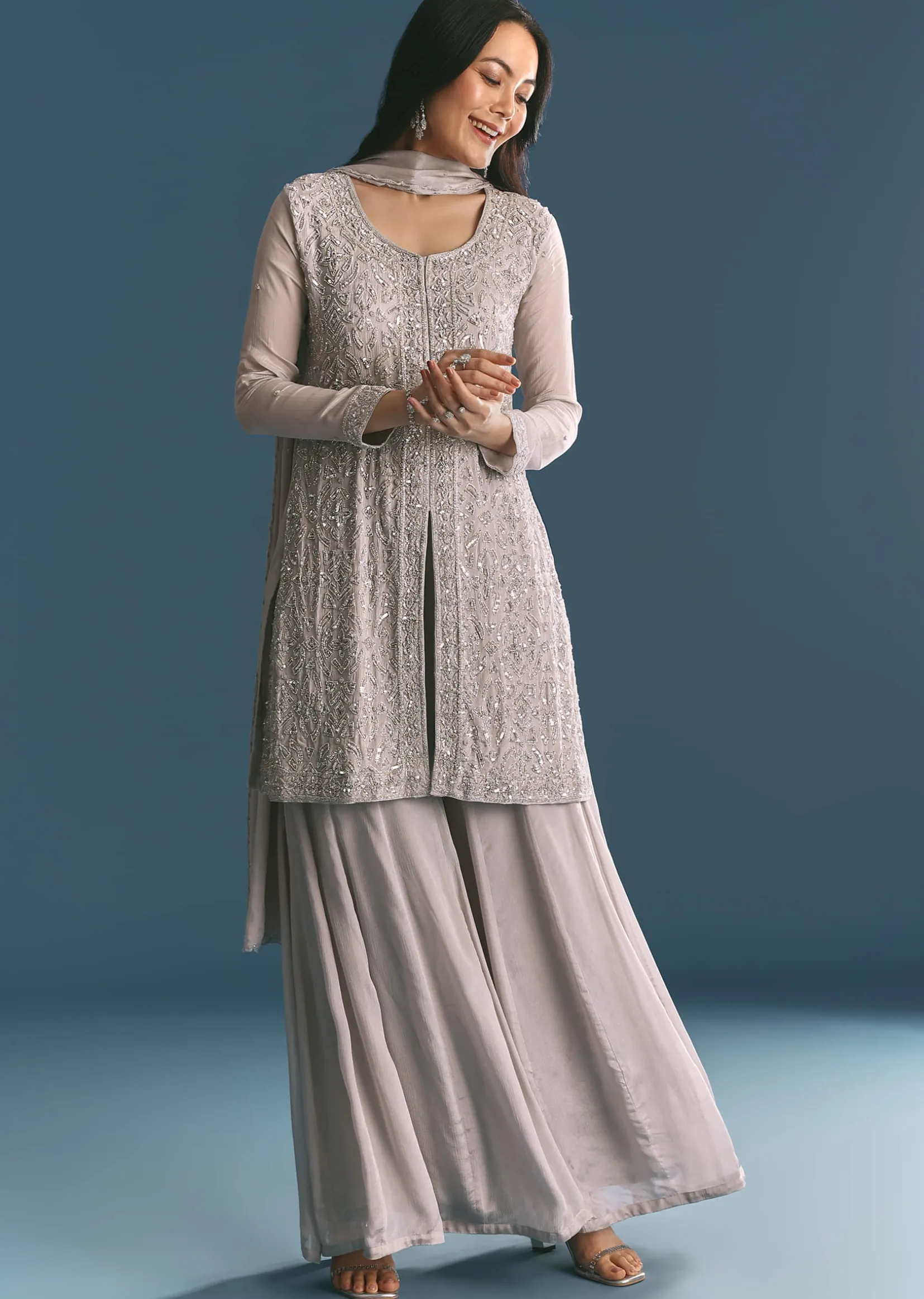 Grey Chinon Cutdana Sequin Embroidered Kurta Palazzo Suit