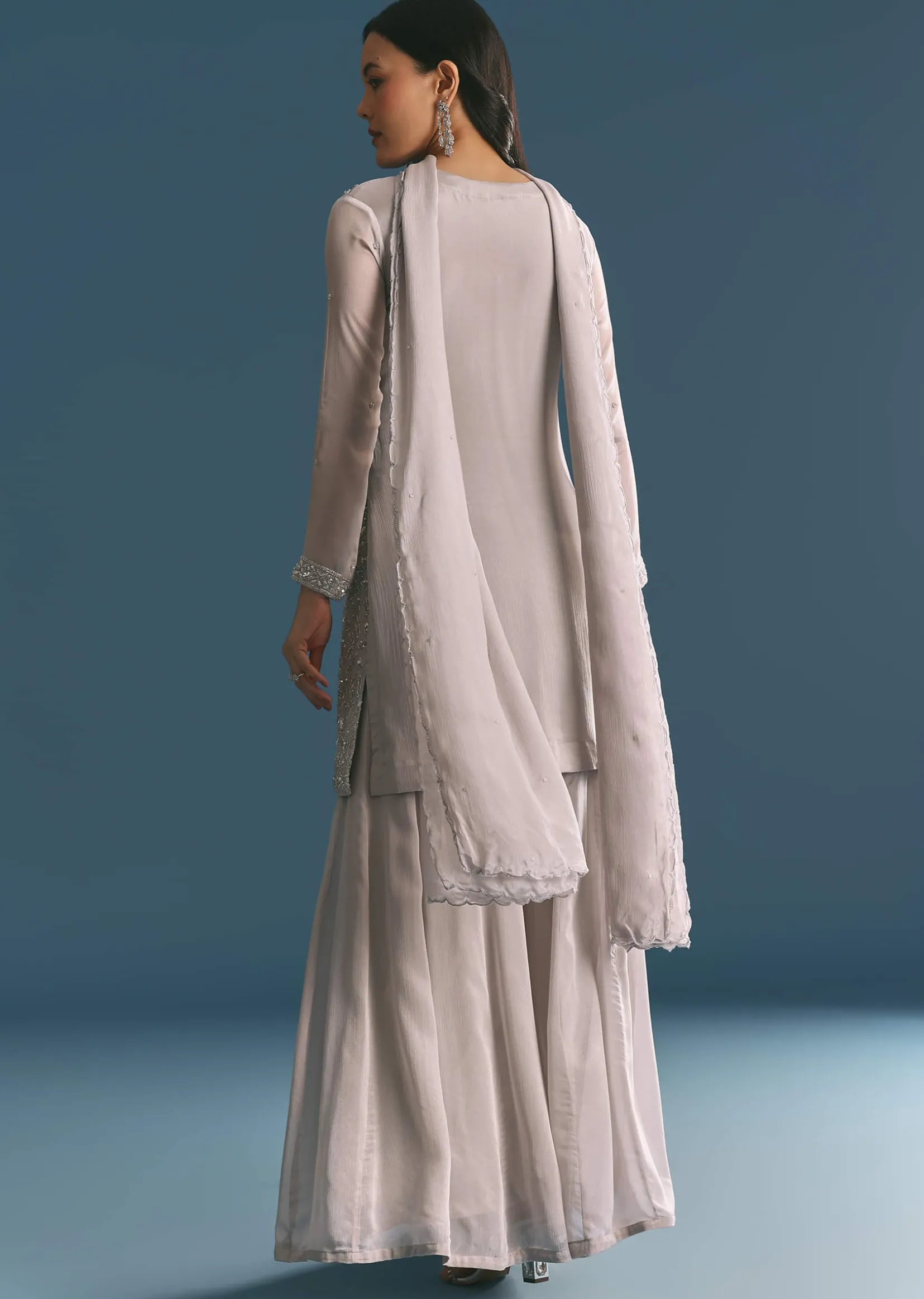 Grey Chinon Cutdana Sequin Embroidered Kurta Palazzo Suit