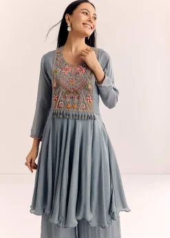 Grey Chinon Zardosi Kurta Palazzo Suit