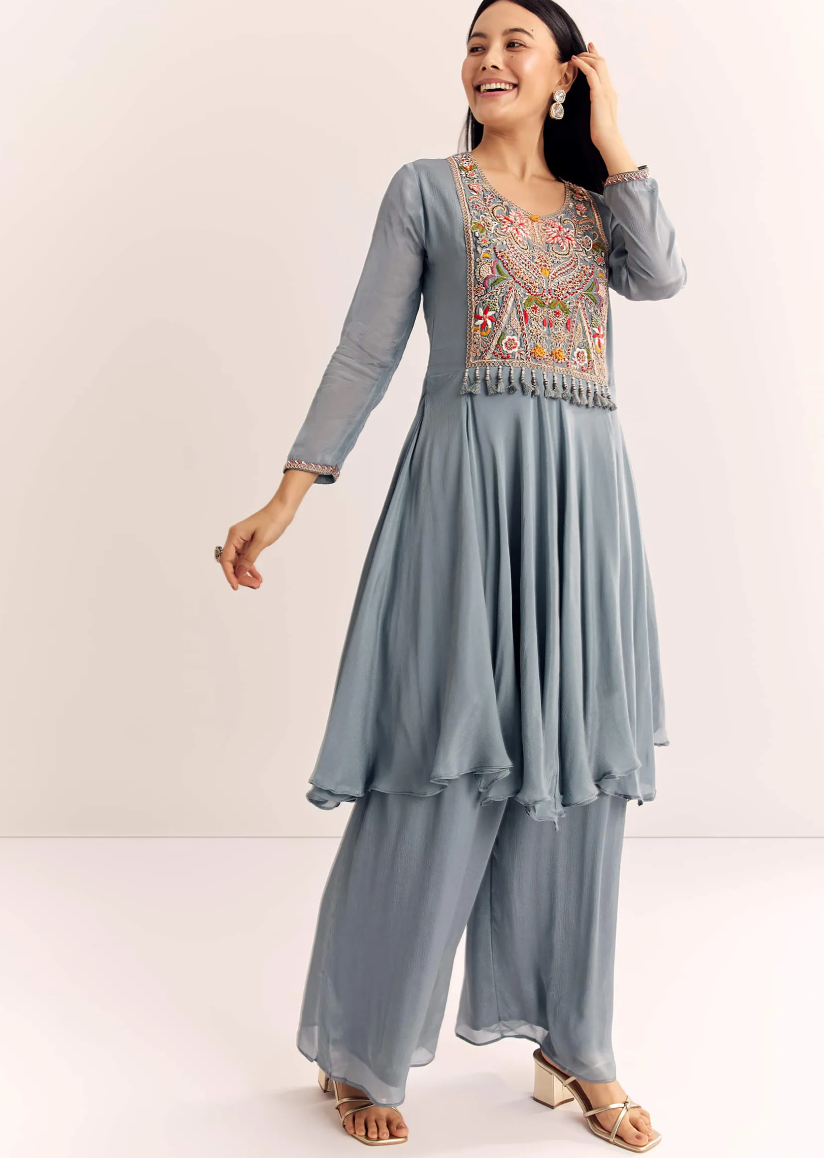 Grey Chinon Zardosi Kurta Palazzo Suit