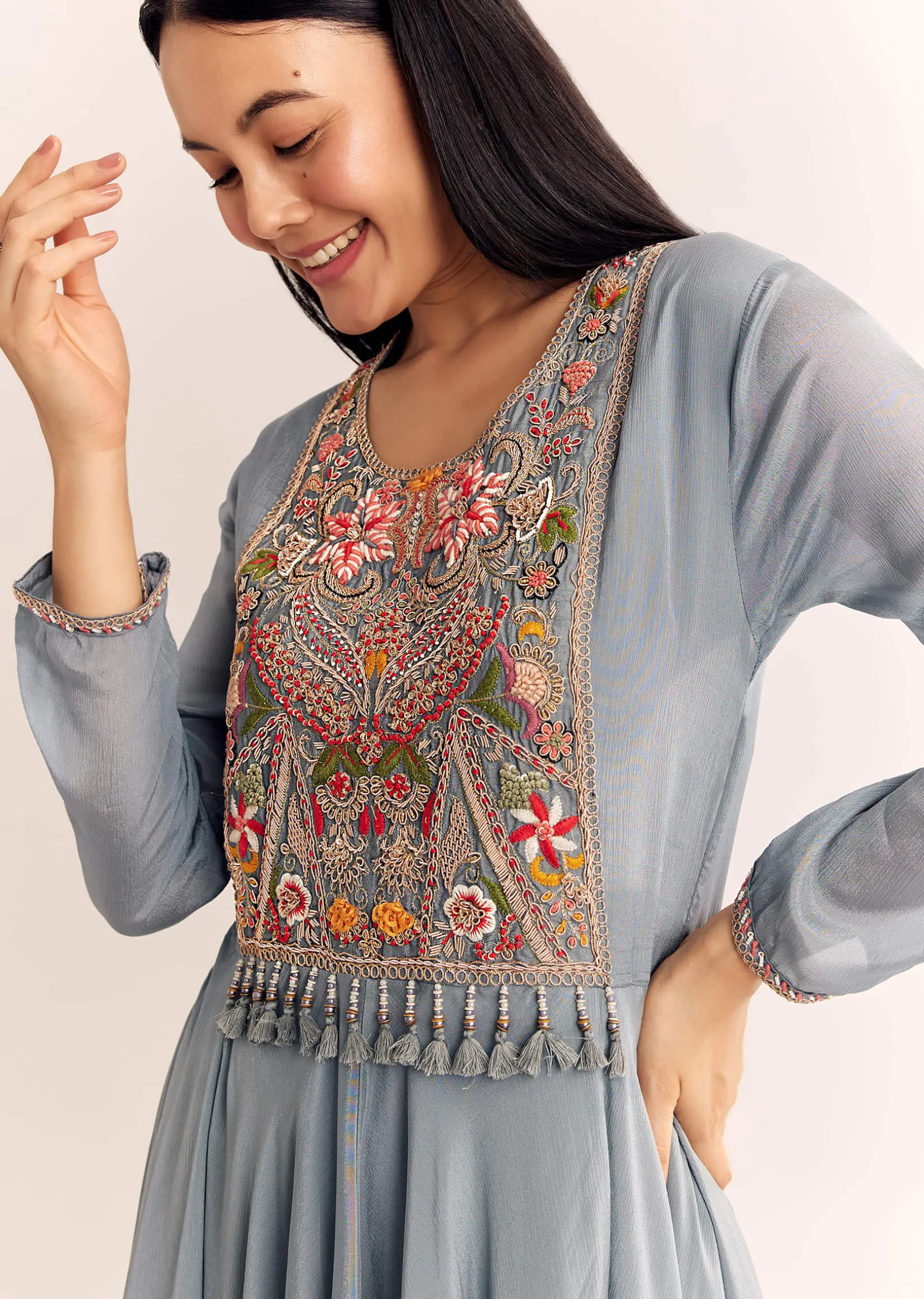 Grey Chinon Zardosi Kurta Palazzo Suit