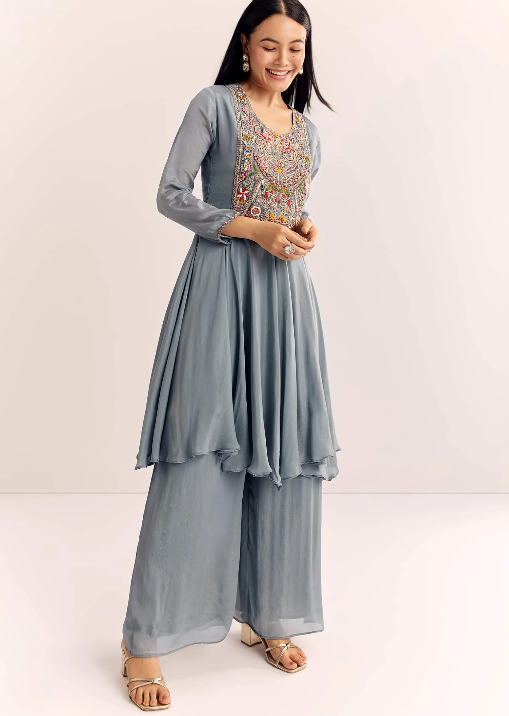 Grey Chinon Zardosi Kurta Palazzo Suit