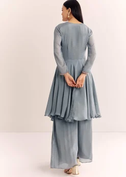 Grey Chinon Zardosi Kurta Palazzo Suit