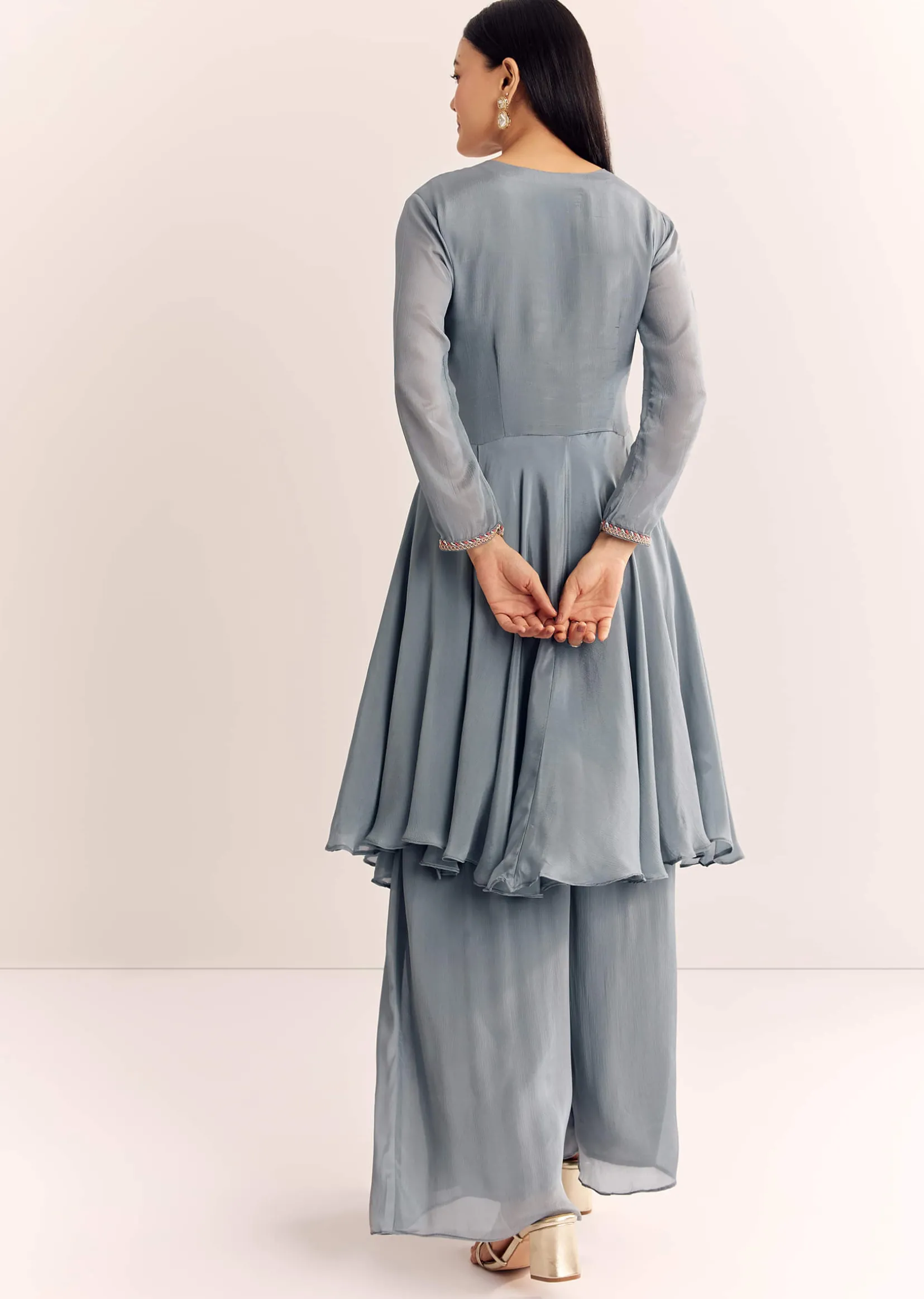 Grey Chinon Zardosi Kurta Palazzo Suit