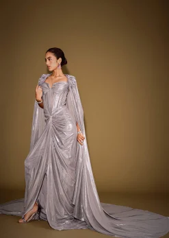 Grey Corset Drape Gown Paired With Embroidered Cape