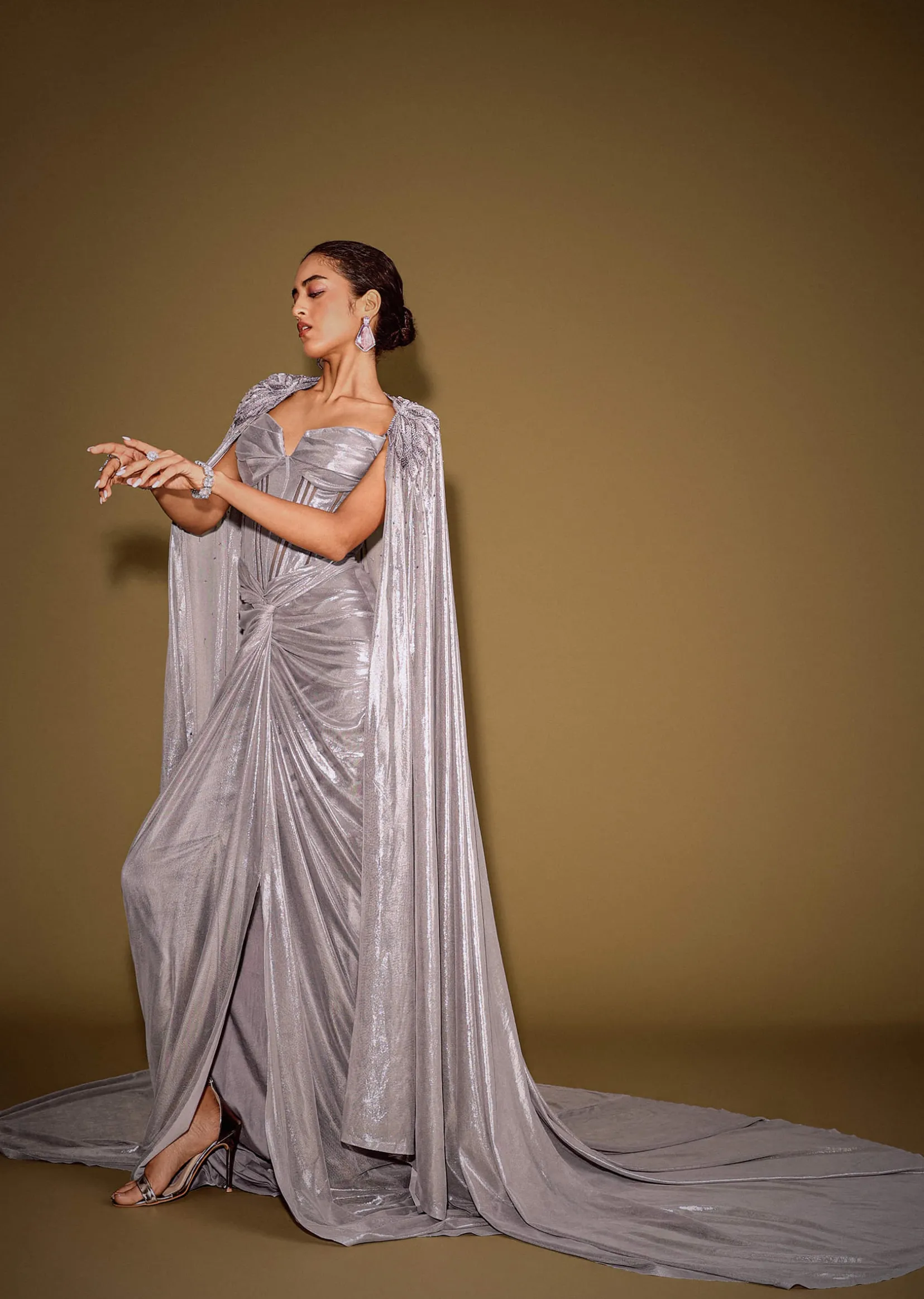 Grey Corset Drape Gown Paired With Embroidered Cape