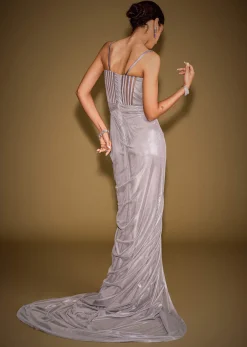 Grey Corset Drape Gown Paired With Embroidered Cape