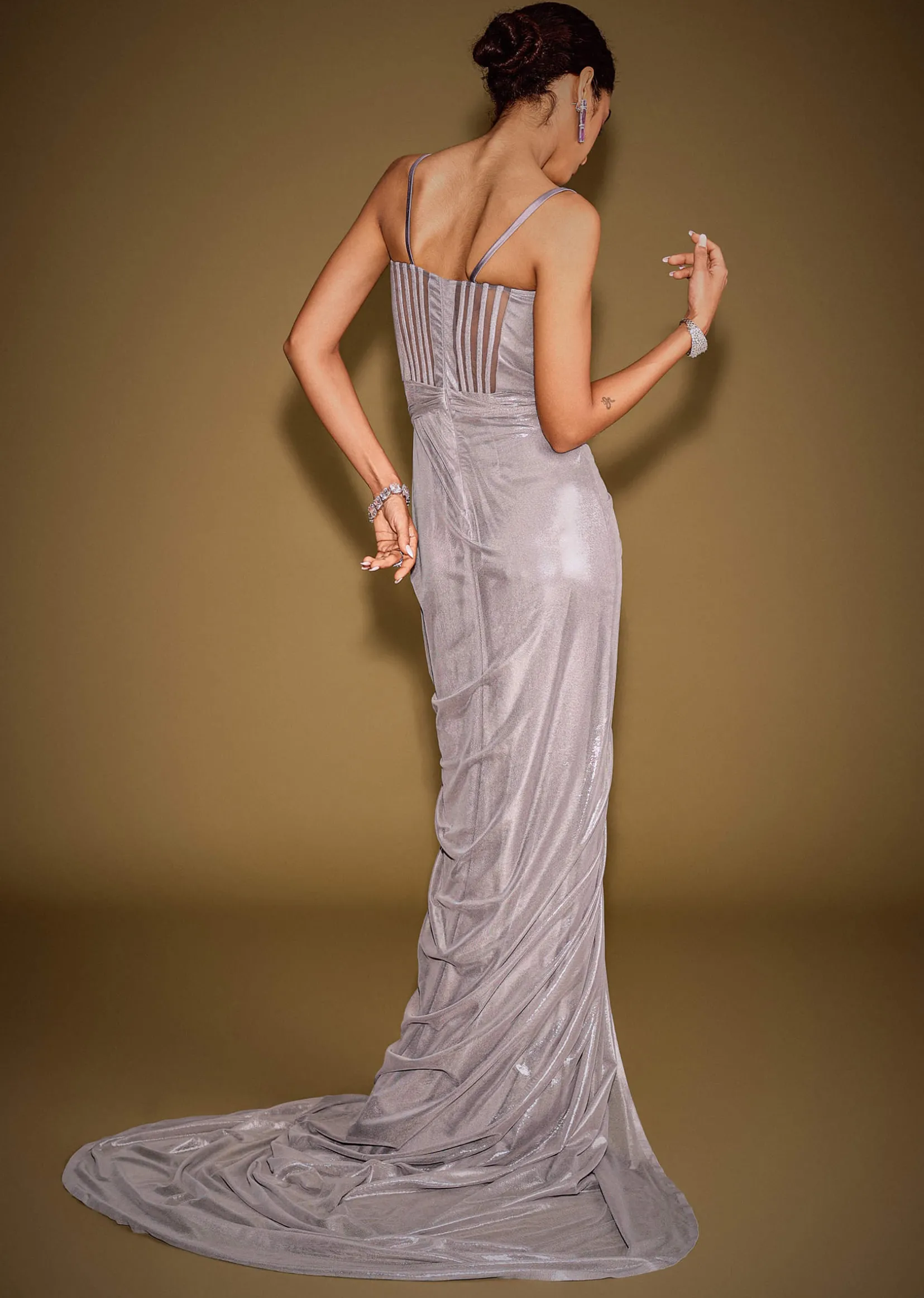 Grey Corset Drape Gown Paired With Embroidered Cape