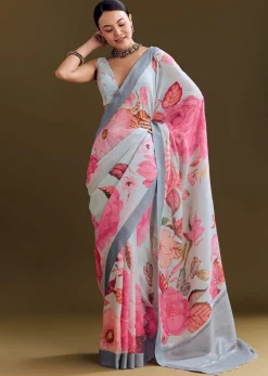 Grey Cotton Linen Saree With Floral Print