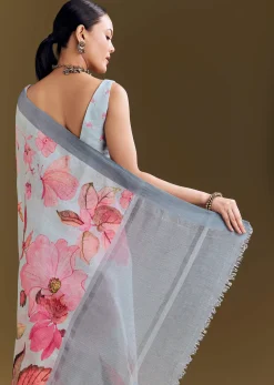 Grey Cotton Linen Saree With Floral Print