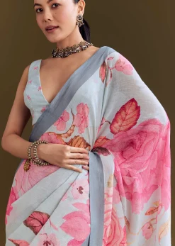 Grey Cotton Linen Saree With Floral Print