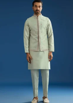 Grey Cotton Silk Kurta Jacket Set With Mirror Embroidery
