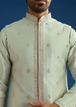 Grey Cotton Silk Kurta Jacket Set With Mirror Embroidery