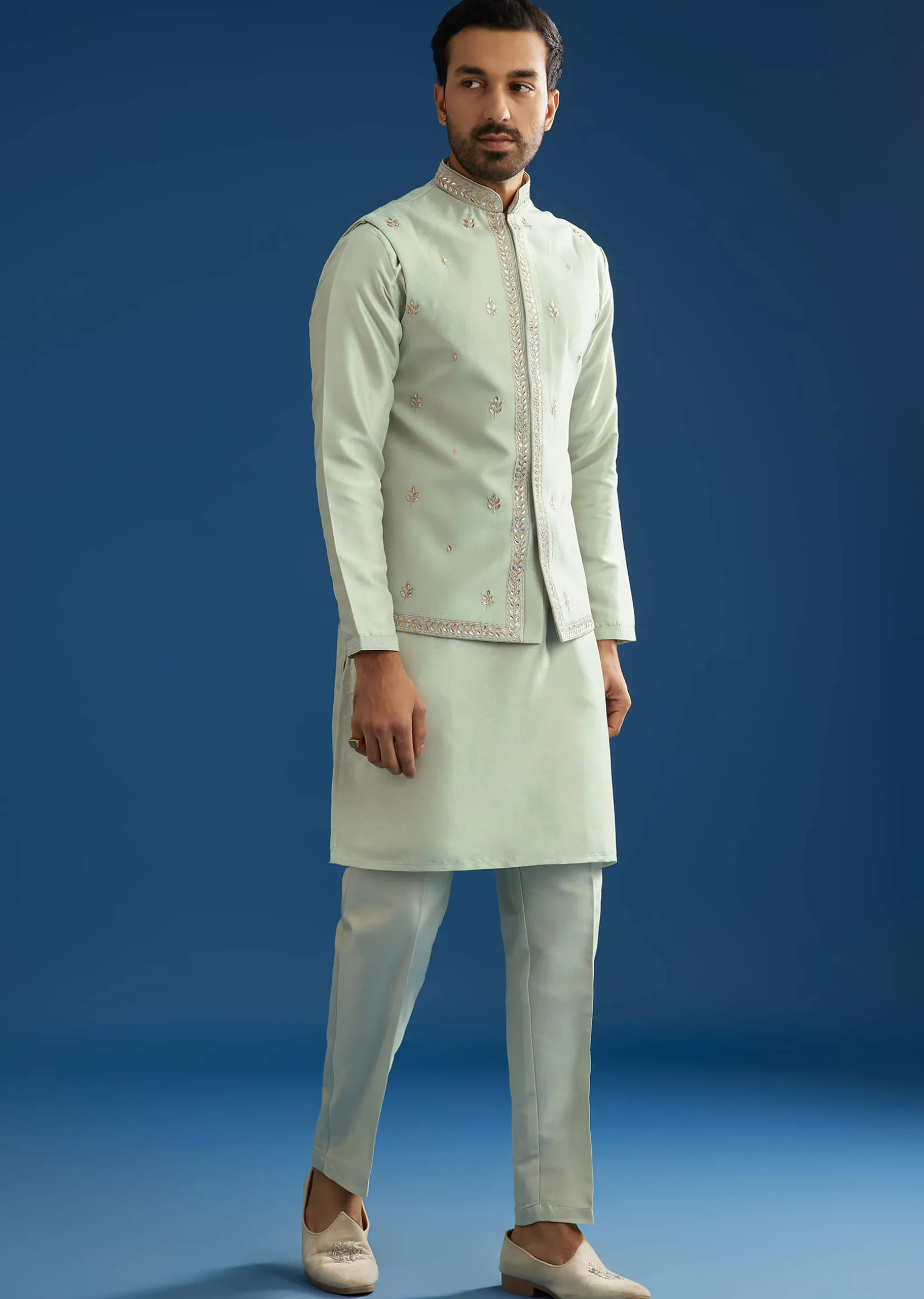 Grey Cotton Silk Kurta Jacket Set With Mirror Embroidery
