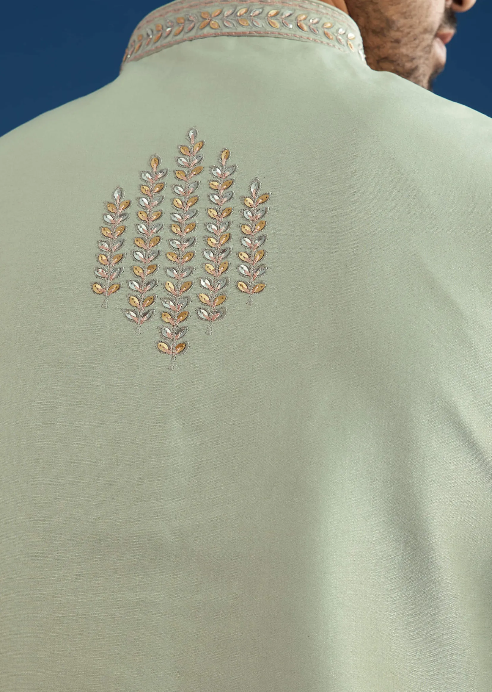 Grey Cotton Silk Kurta Jacket Set With Mirror Embroidery