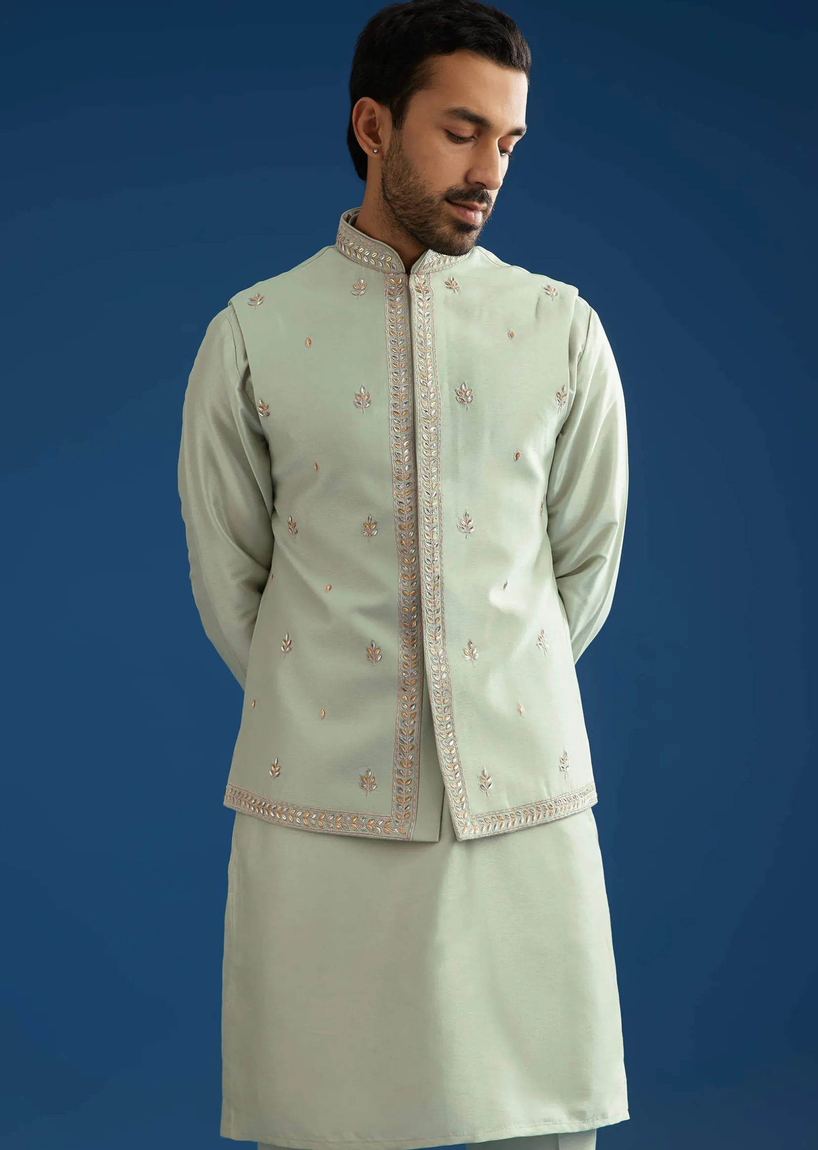 Grey Cotton Silk Kurta Jacket Set With Mirror Embroidery