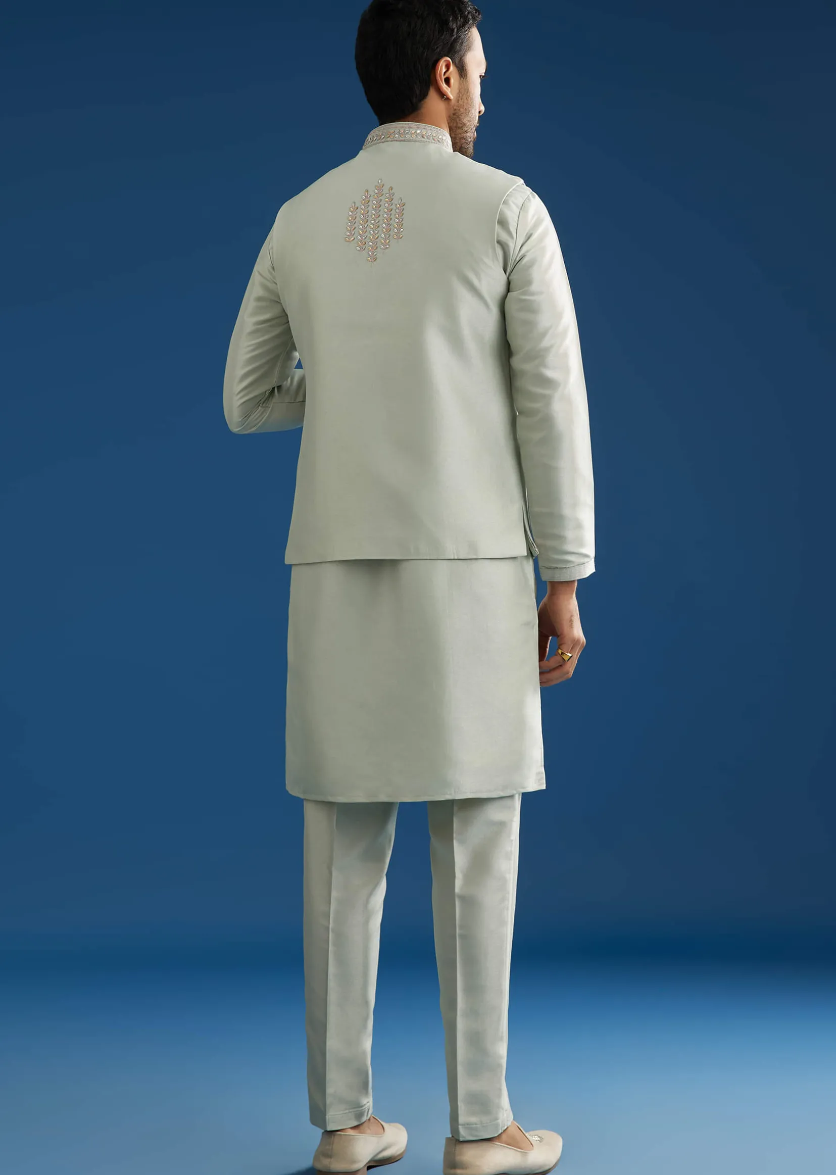 Grey Cotton Silk Kurta Jacket Set With Mirror Embroidery