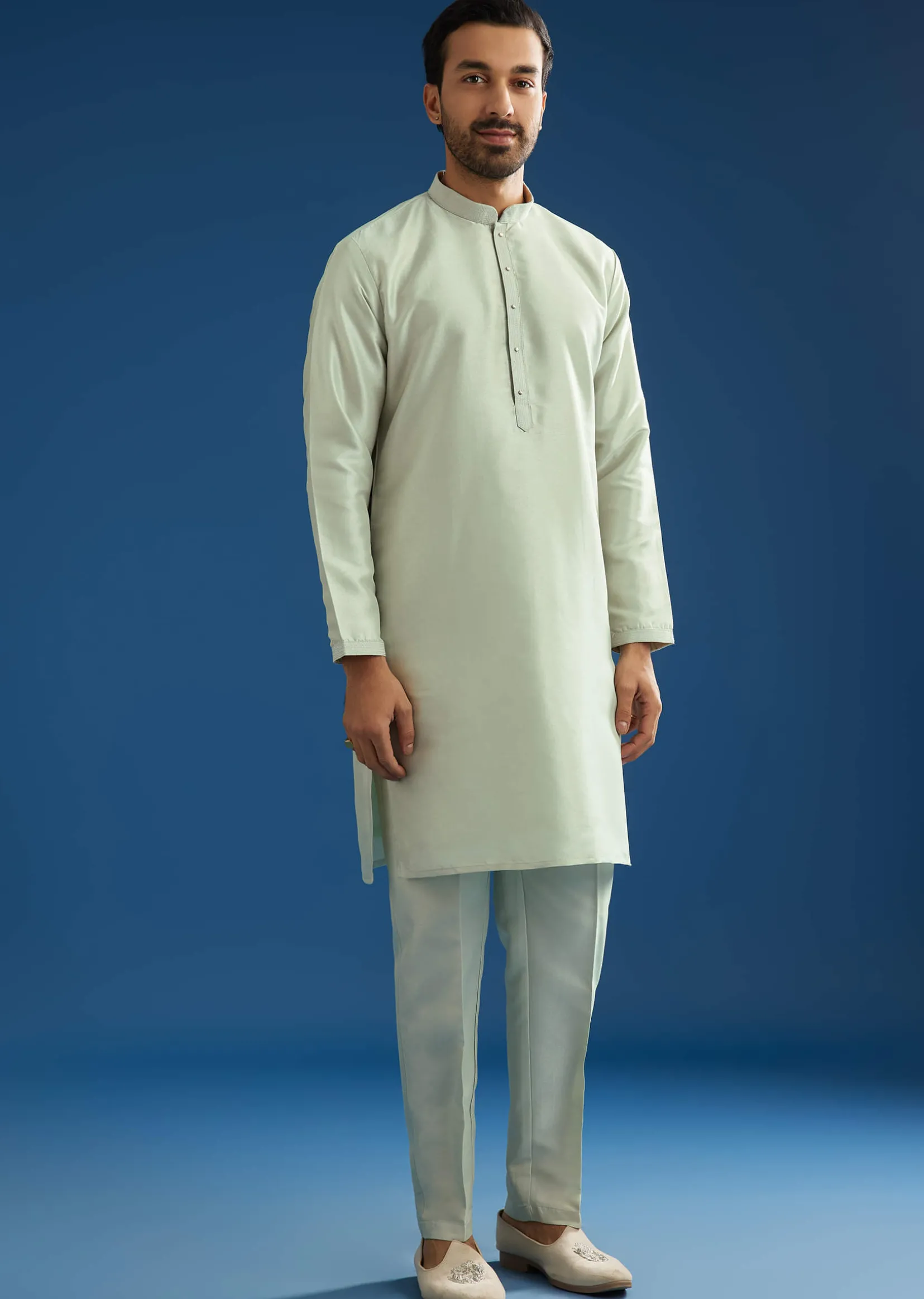 Grey Cotton Silk Kurta Jacket Set With Mirror Embroidery