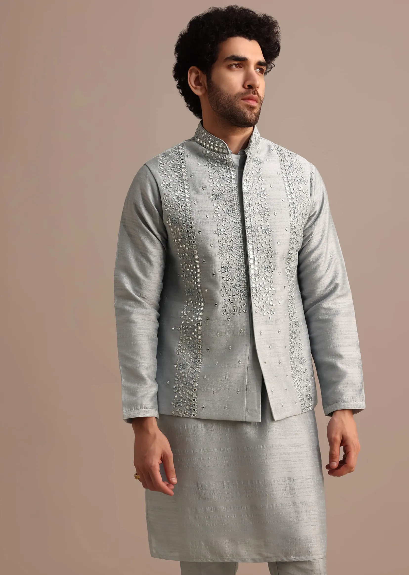 Grey Cotton Silk Kurta Jacket Set With Resham And Mirror Work