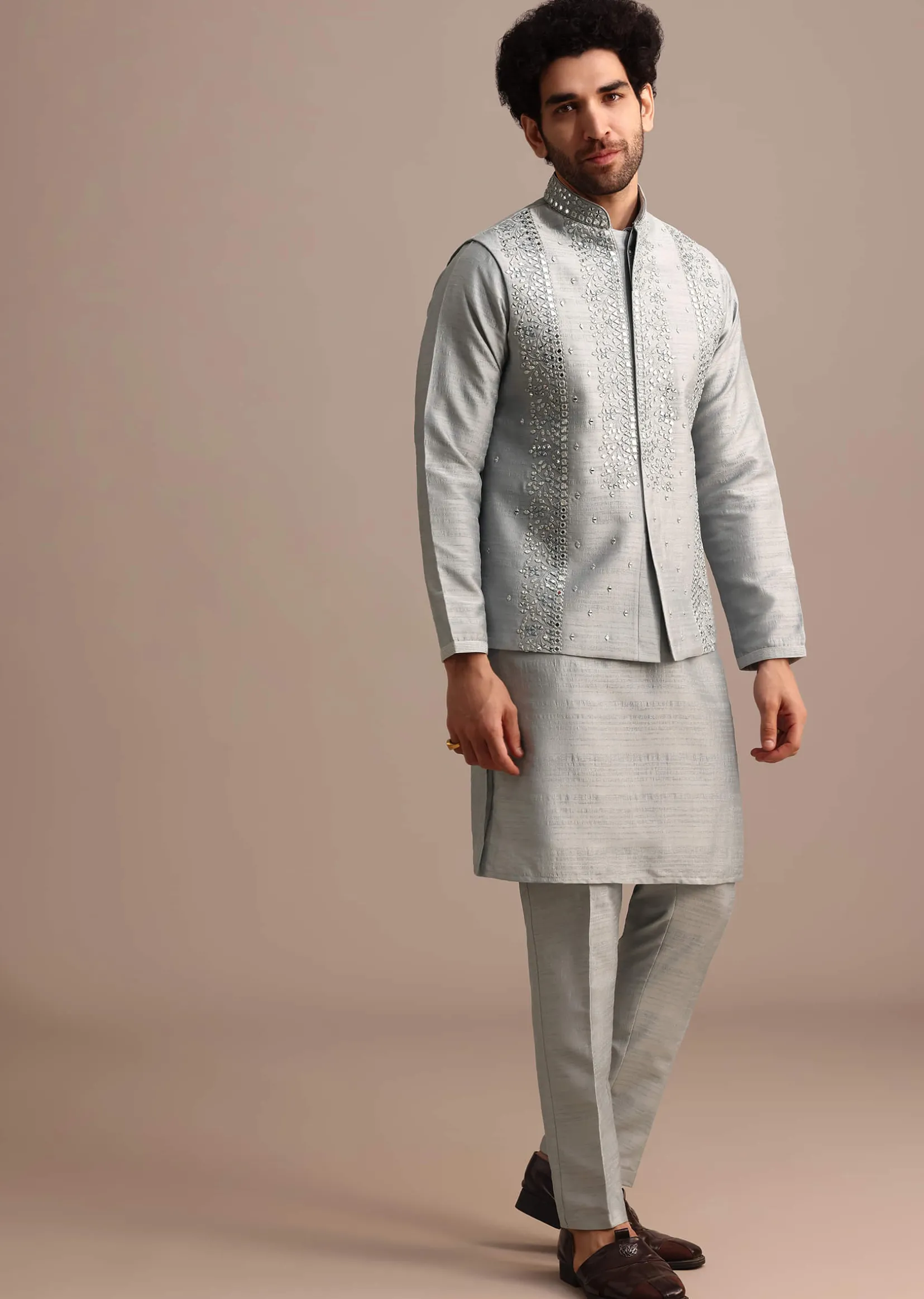 Grey Cotton Silk Kurta Jacket Set With Resham And Mirror Work