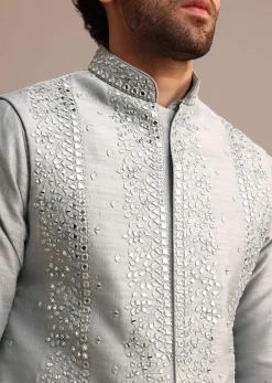 Grey Cotton Silk Kurta Jacket Set With Resham And Mirror Work