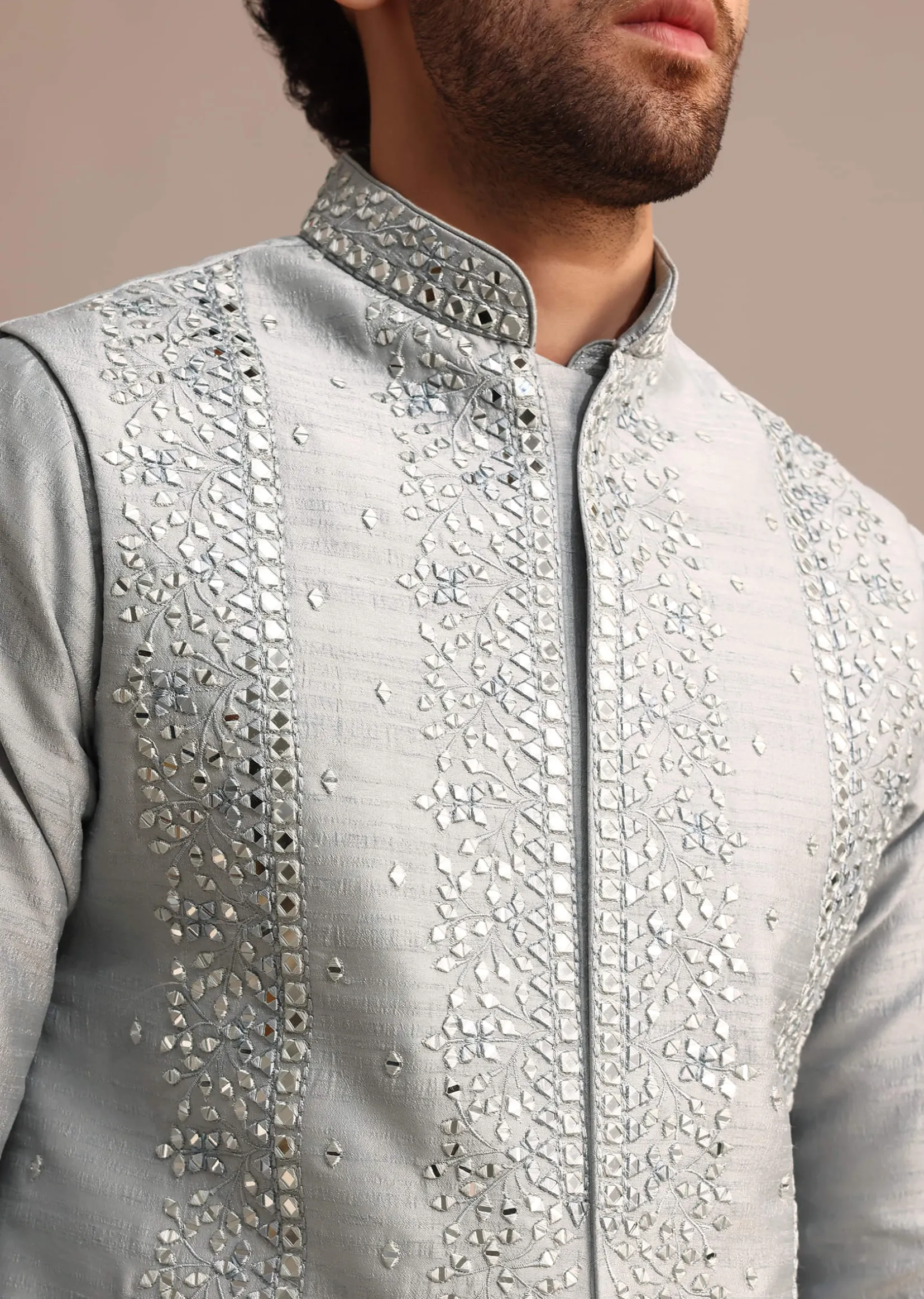 Grey Cotton Silk Kurta Jacket Set With Resham And Mirror Work