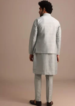 Grey Cotton Silk Kurta Jacket Set With Resham And Mirror Work