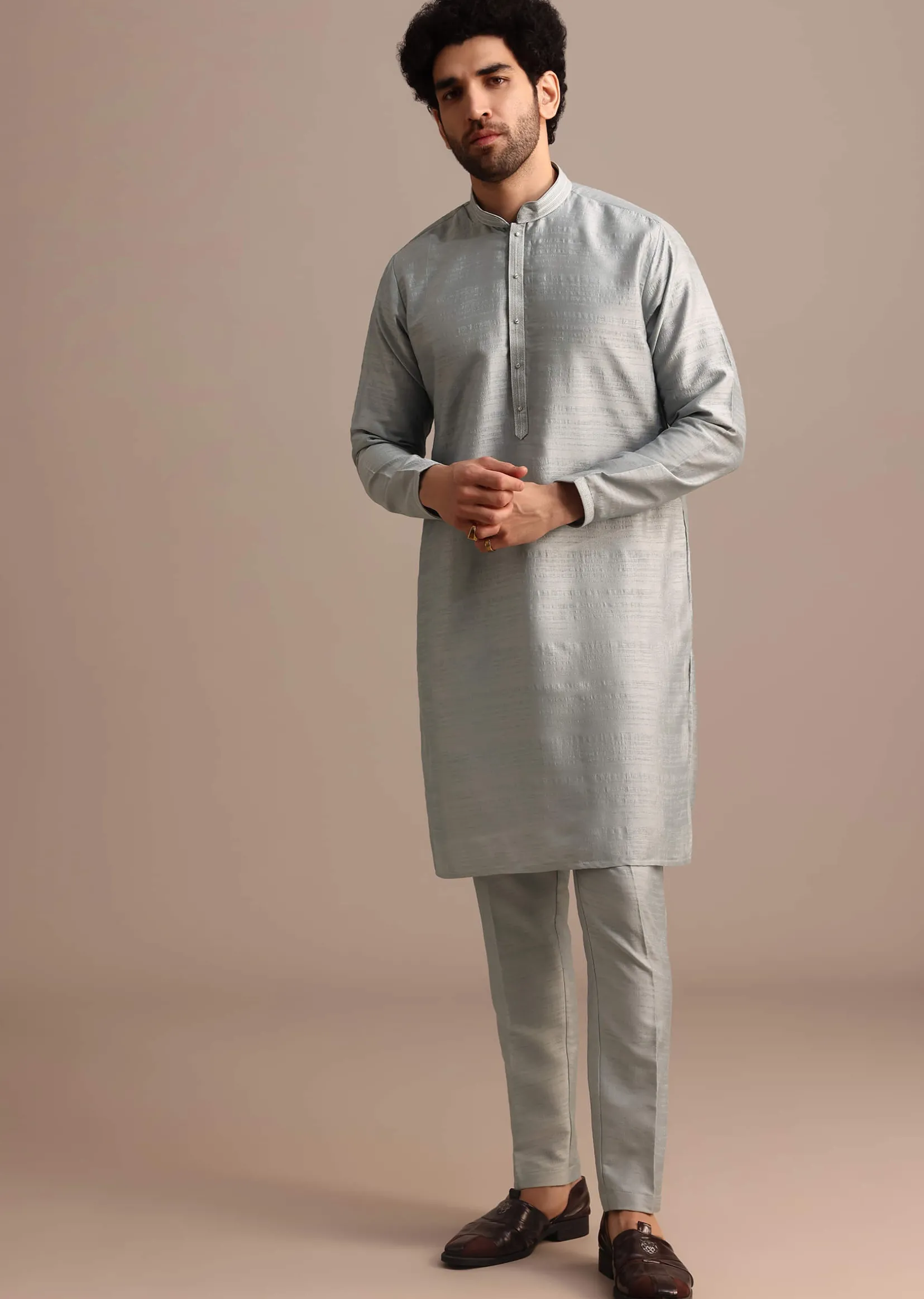 Grey Cotton Silk Kurta Jacket Set With Resham And Mirror Work