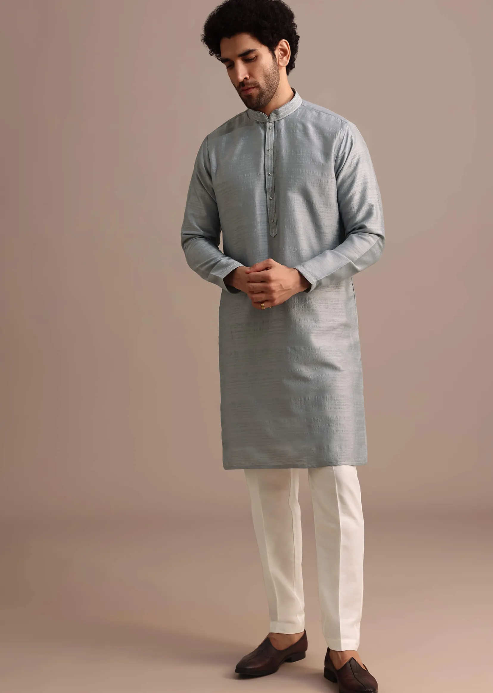 Grey Cotton Silk Kurta Jacket Set With Resham And Mirror Work